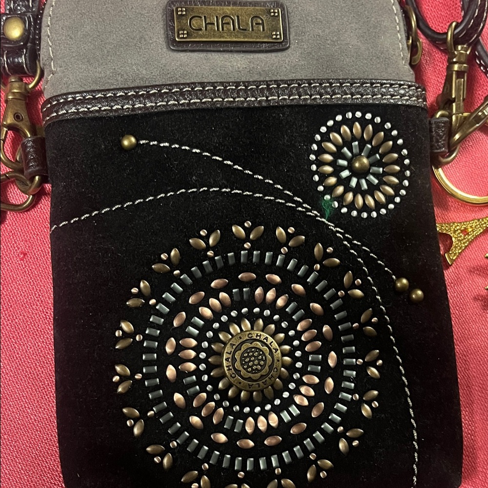 Chala Black/Gray Suede Crossbody Mini- Purse/Phone Bag with Medallion Accents - Picture 2 of 11